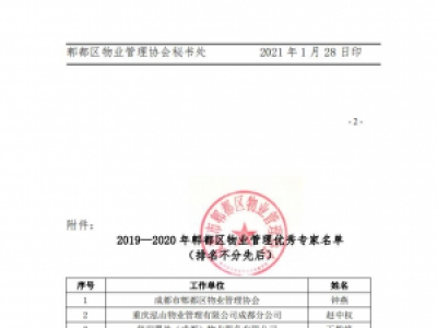 关于表彰 2019—2020 年郫都区“物业管 理优秀专家”的决定